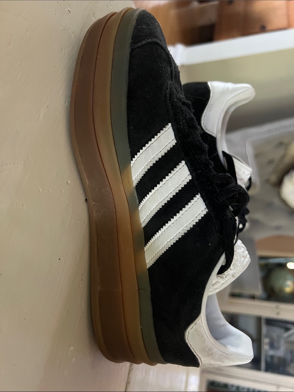 adidas Gazelle Black & White Suede Sneakers with Gum Sole platform - Picture 4 of 7